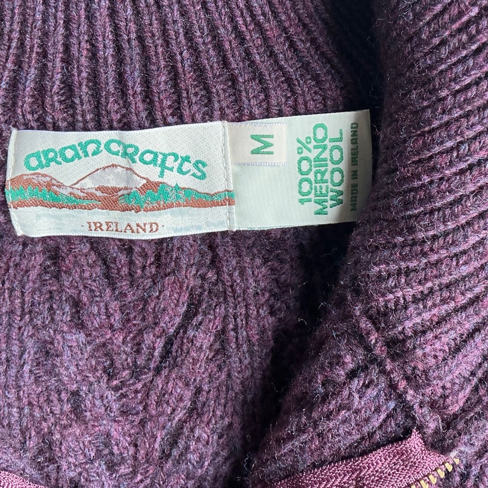 Aran Crafts aubergine Color 1/4 zip Merino wool pullover Sz M made Ireland 🇮🇪 - Picture 6 of 9